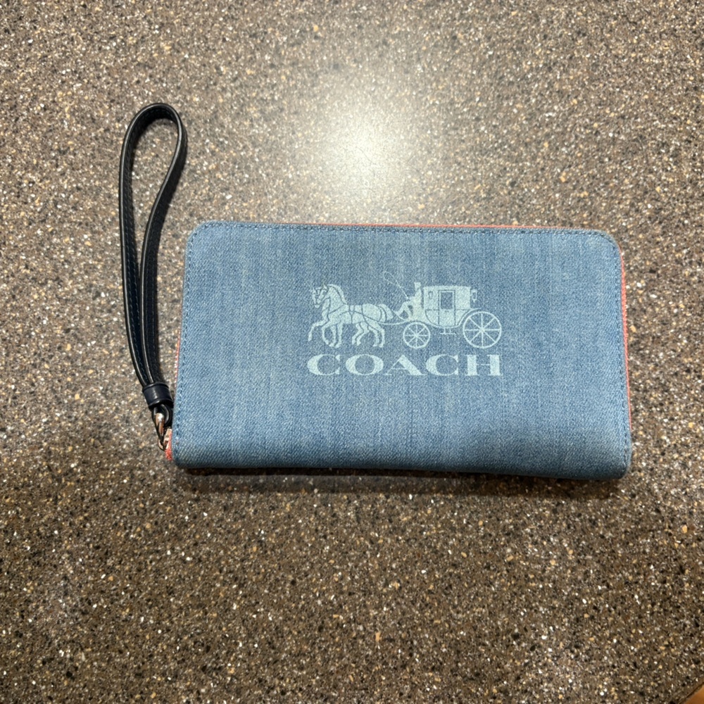 Coach Denim Blue Wristlet with Black Strap